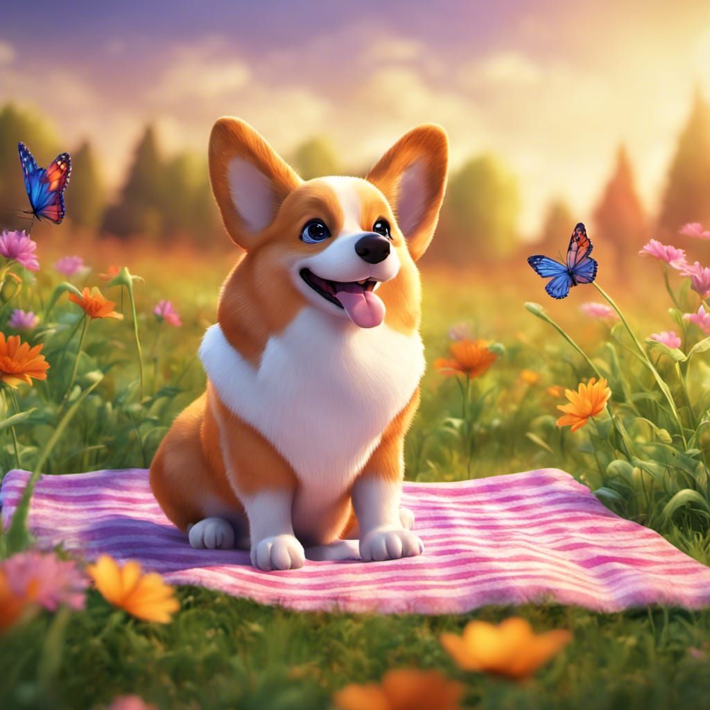 Corgi relaxing in a meadow