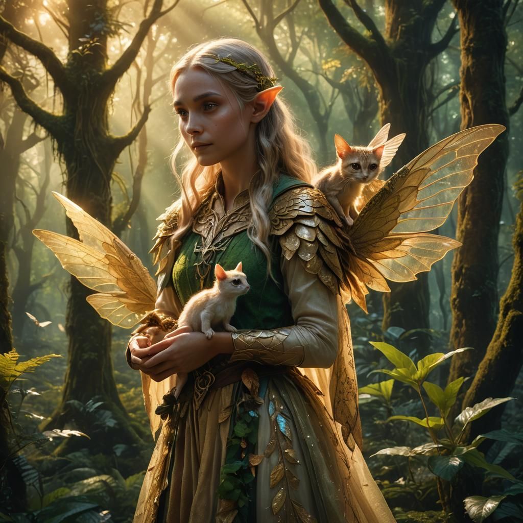 Elf Girl with Winged Pet in Forest, Art Nouveau