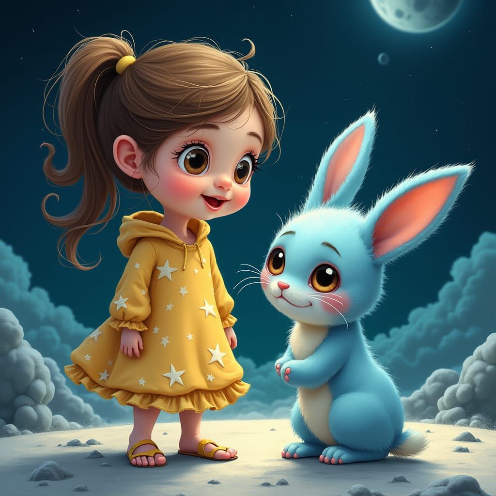 Girl Meets Alien Friend on Moon in Dreamlike Illustration