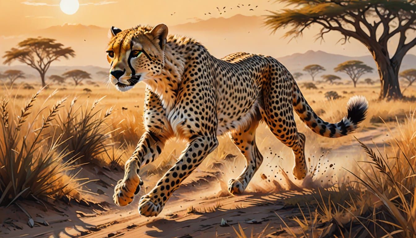 Cheetah Runs Across Savanna in Digital Pastel Painting