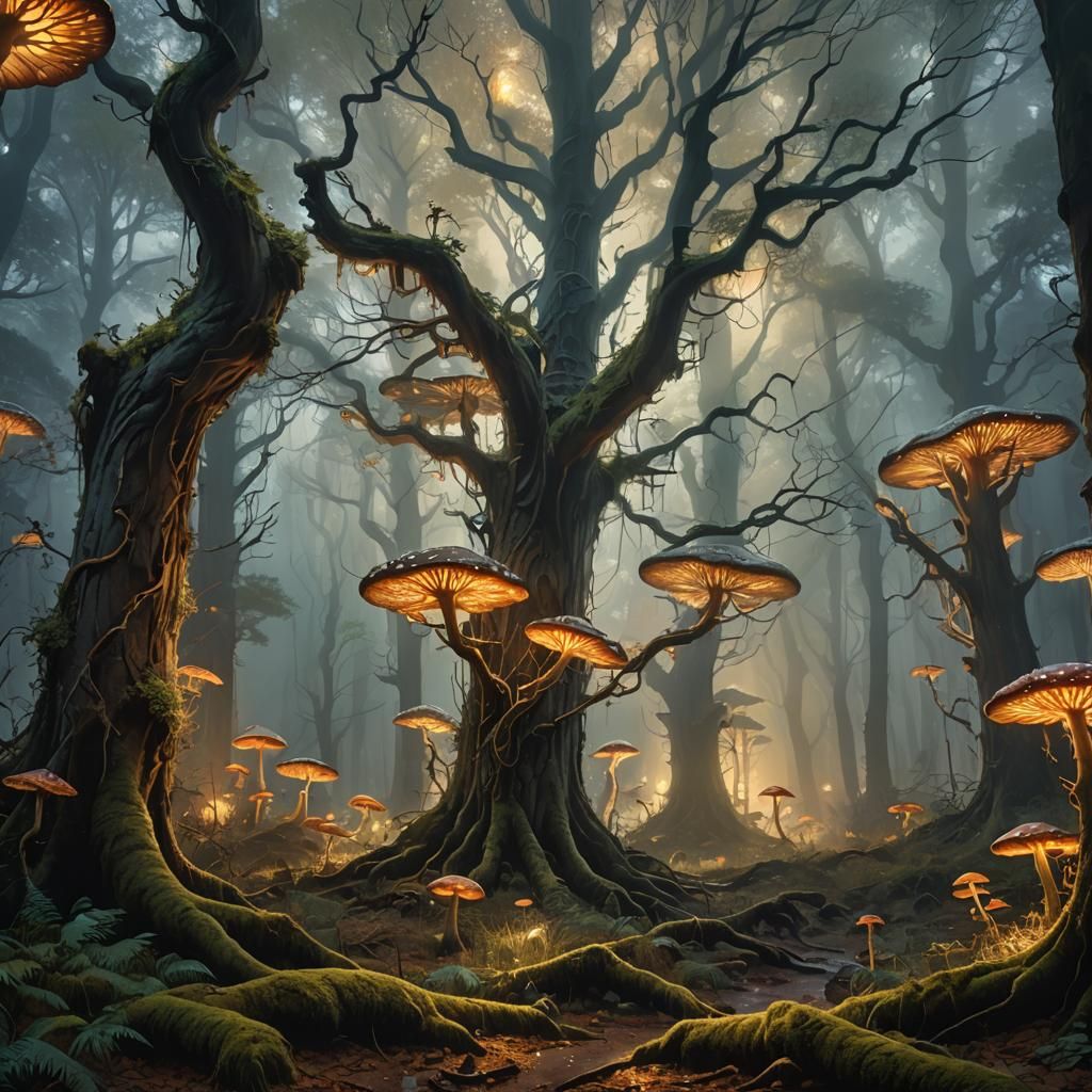 Mystical Forest with Glowing Mushrooms as Impressionist Art