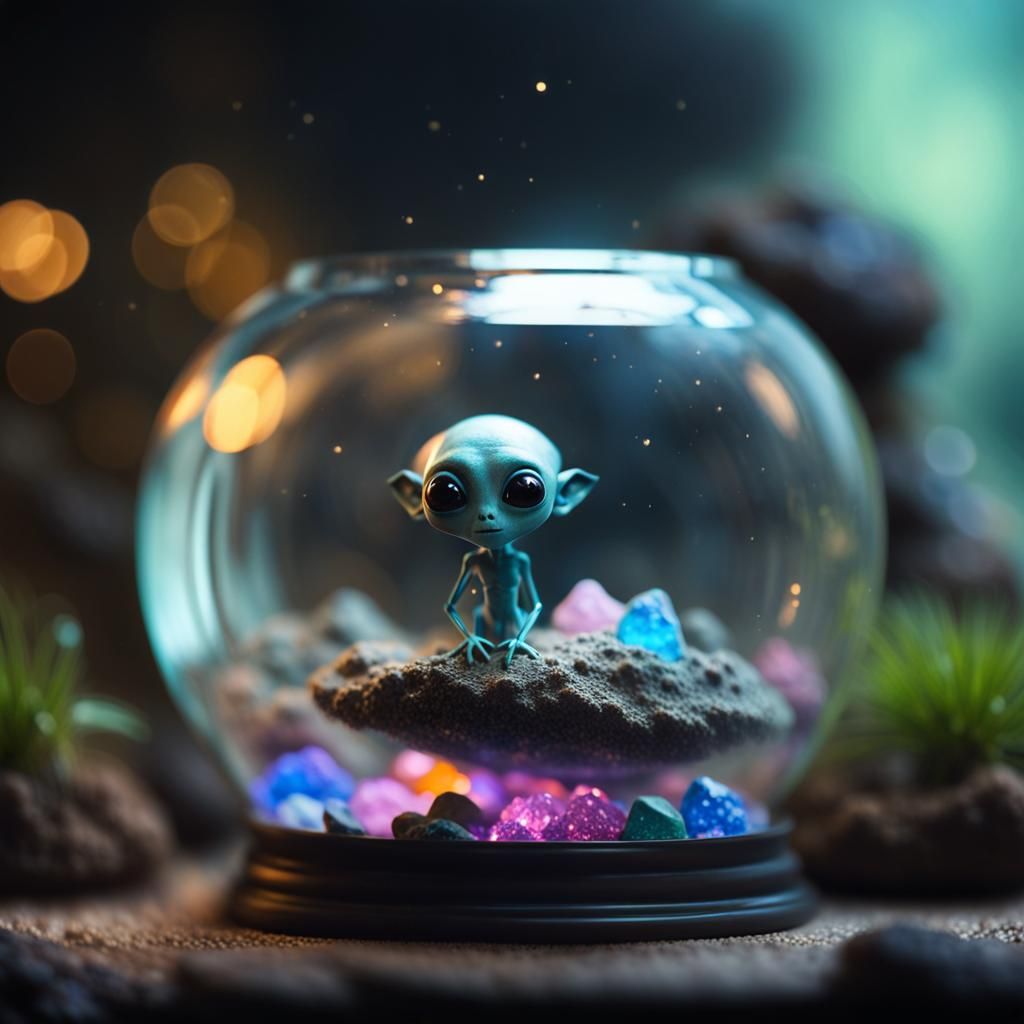 Gray Alien in Terrarium: Tilt-Shift Illustration