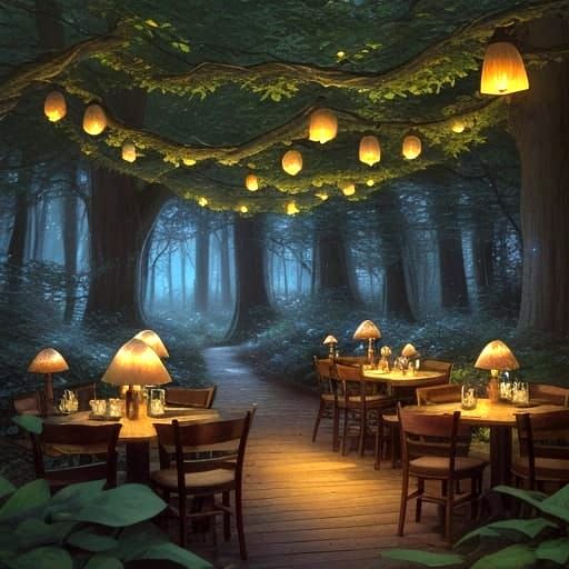 Enchanted Woodland Cafe with Glowing Moon Petal Coffee