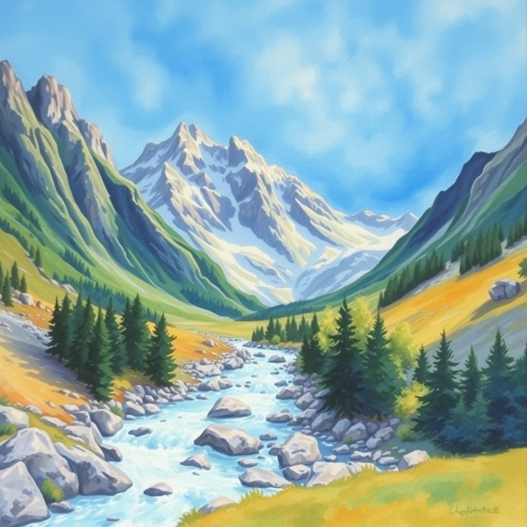 Alpine Snow Mountains in Impressionist Watercolor Style