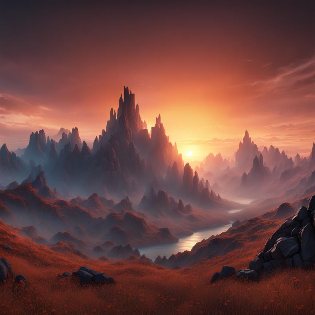 Majestic Sunrise Over Mountains: Fantasy Concept Art