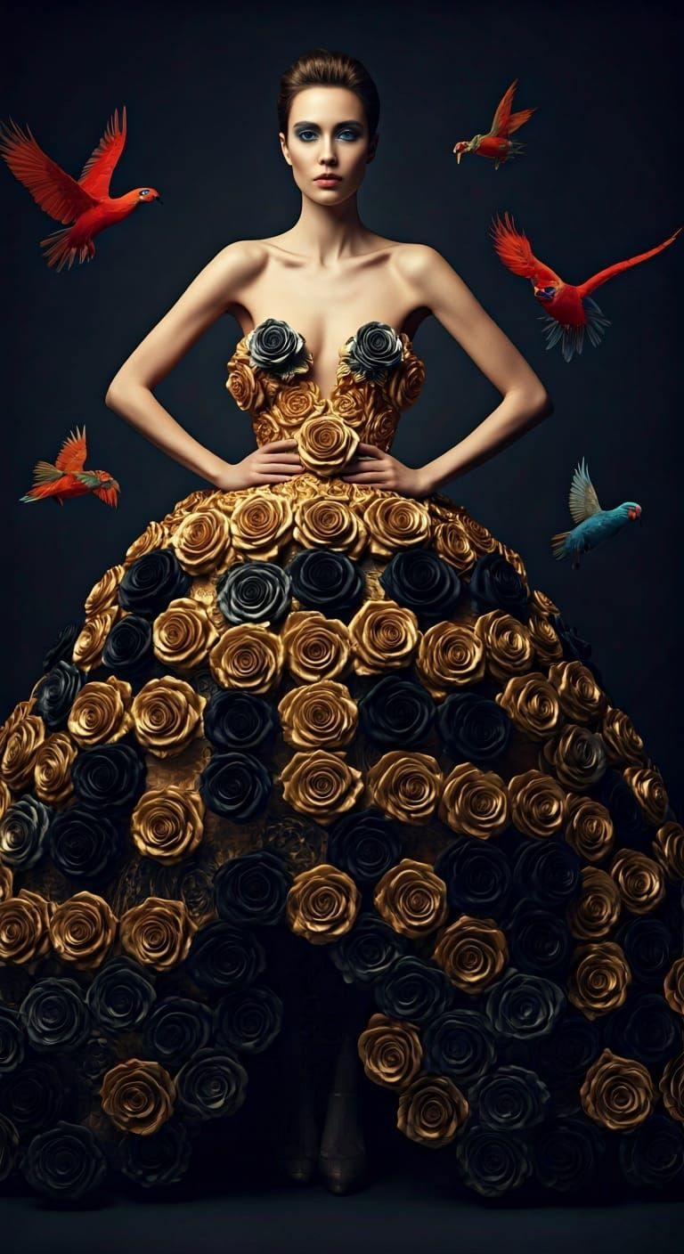 Model in Black and Gold Rose Dress