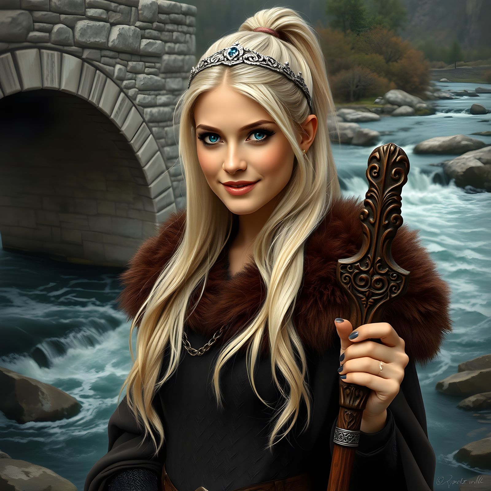 Norse Goddess by River in Hyperrealistic Oil Painting
