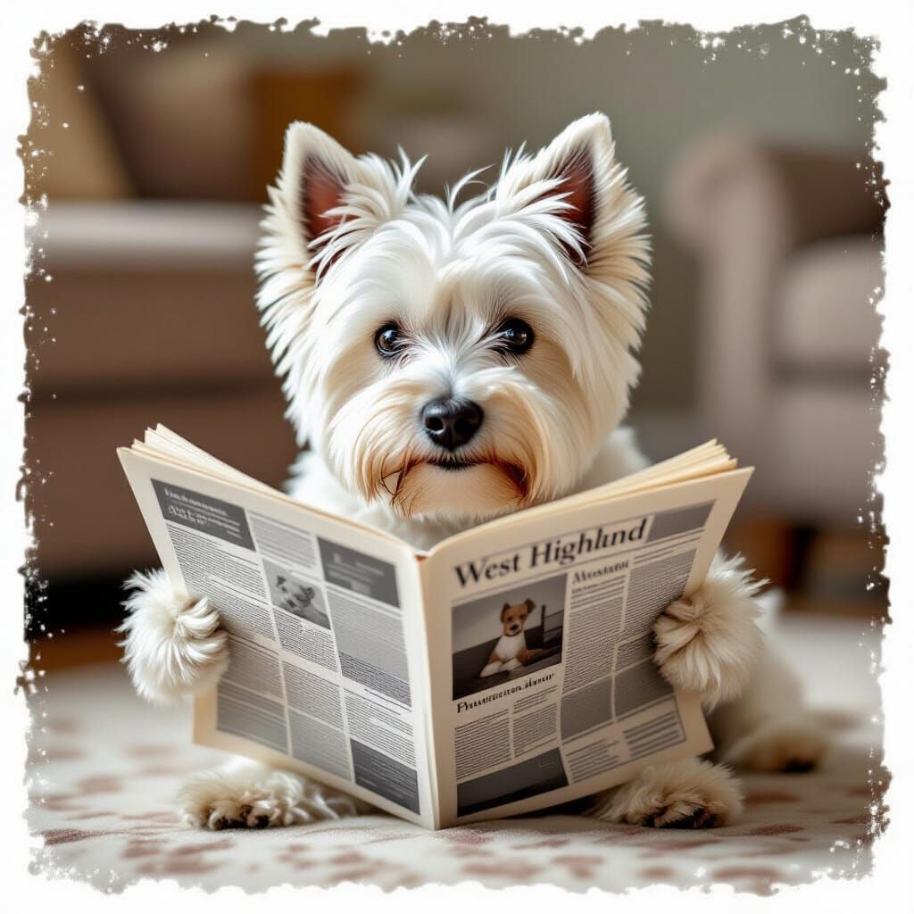 Photorealistic Westie Dog Reads Newspaper in Soft Light