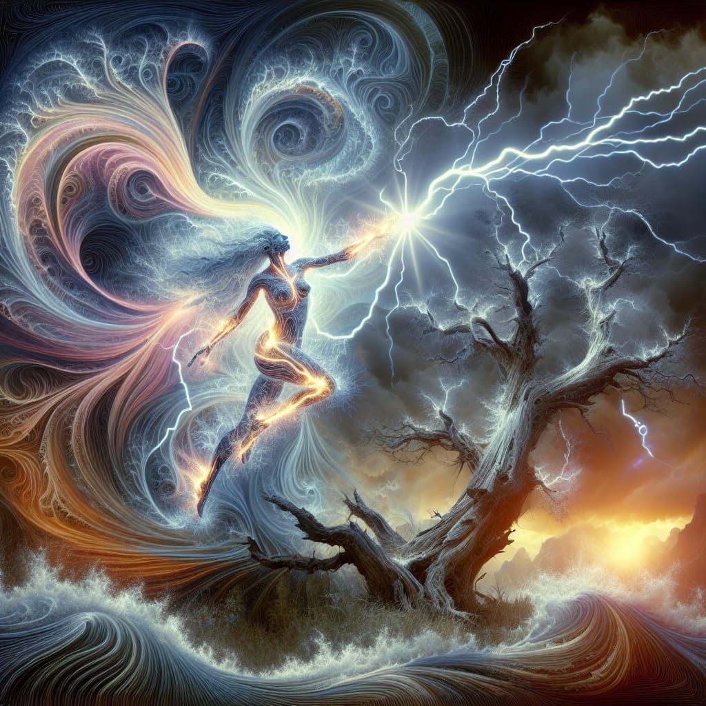 Electric Woman Hurls Lightning Bolt: Abstract Vector Art