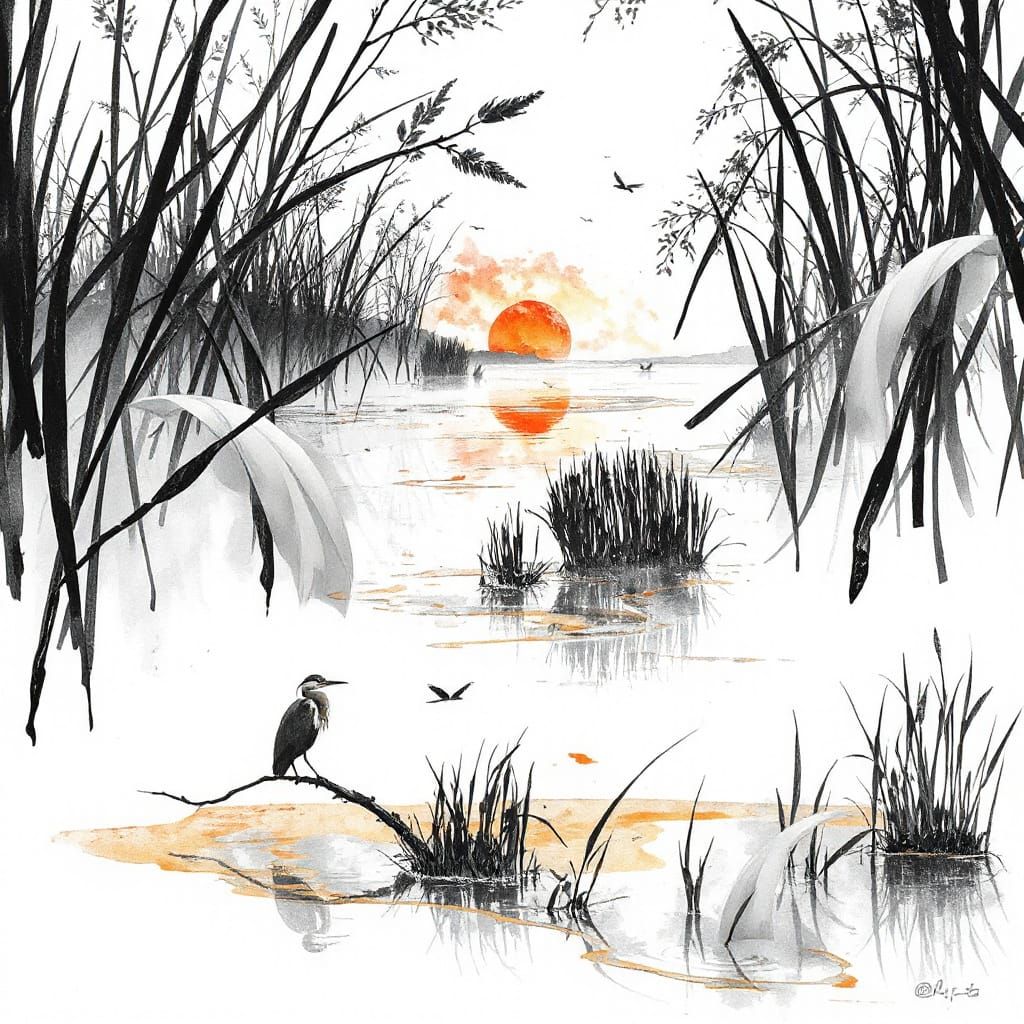 Surreal Marshland Cascade in Watercolour Style