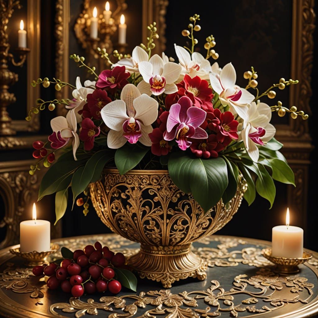 Baroque Masterpiece: Gold Basket with Lavish Floral Bouquet