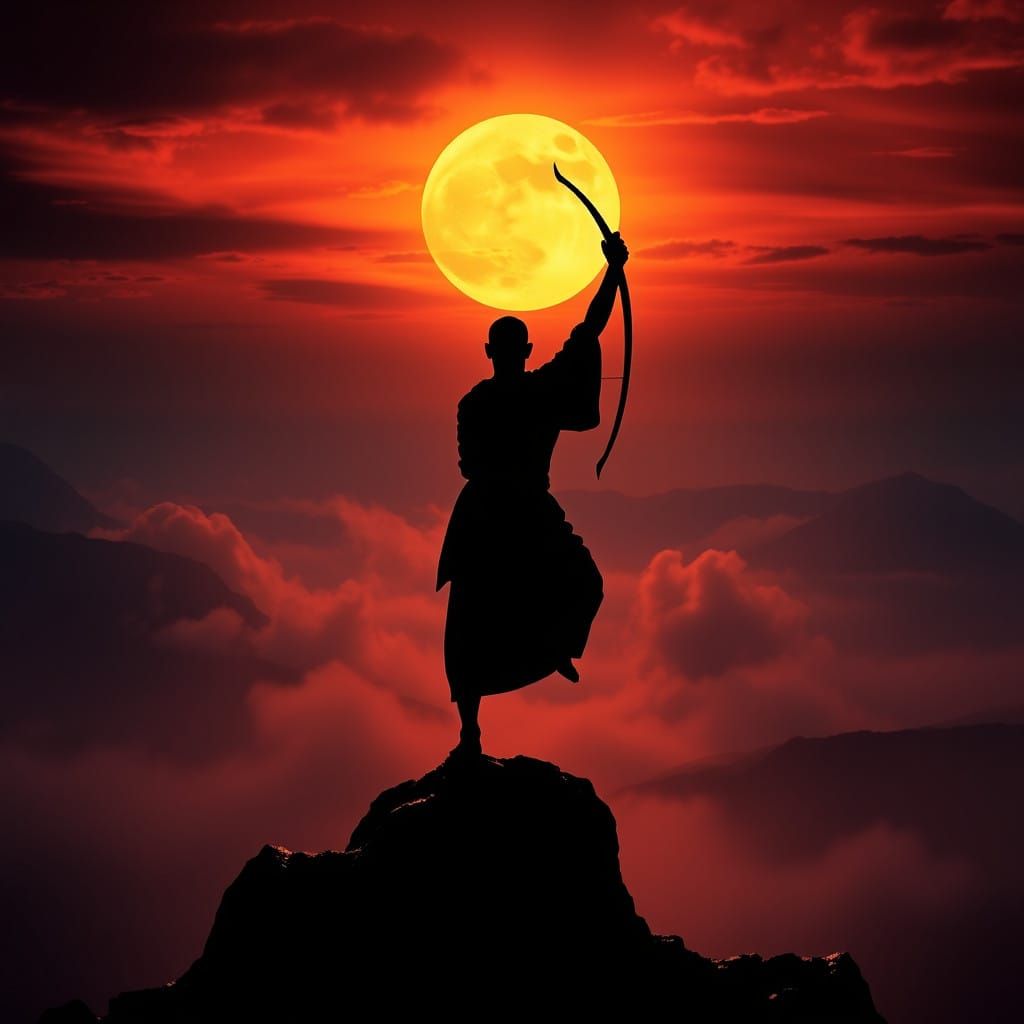 Meditative Monk Silhouetted Against Fiery Sky in Standing Bo...