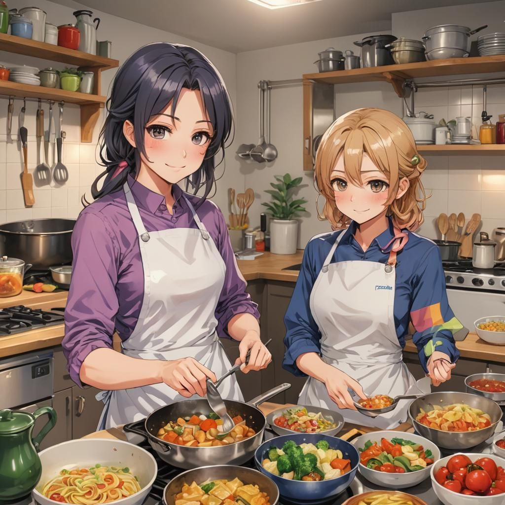 Lesbians cooking dinner