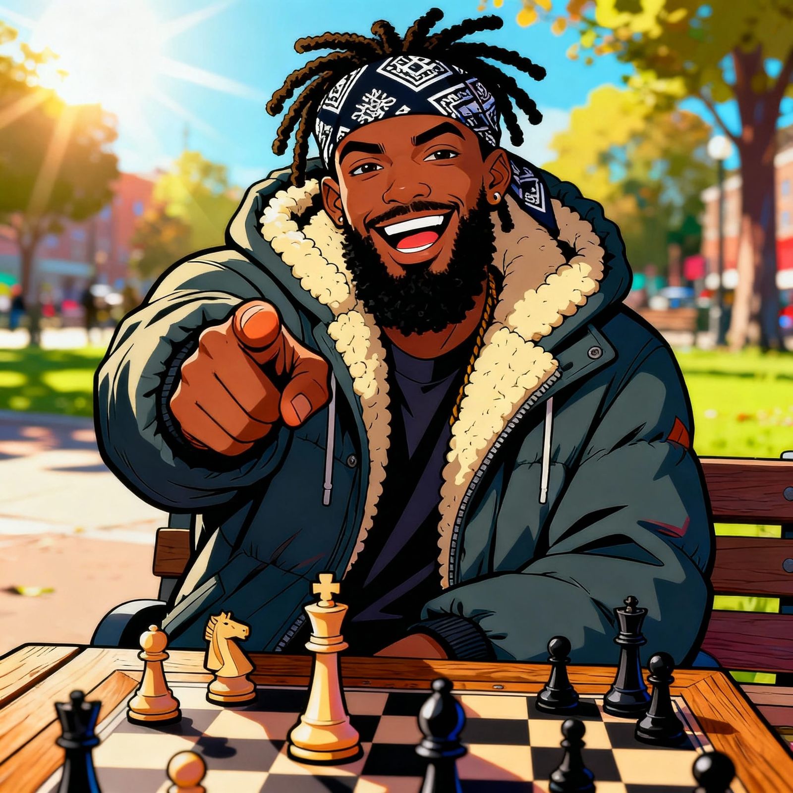Man in Durag Plays Chess in Sunny Park