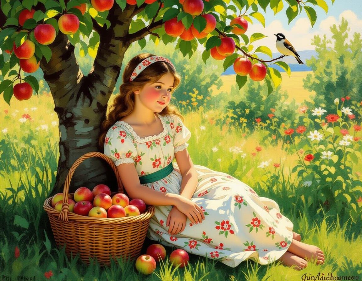 Charming Girl Resting Under Apple Tree in Impressionist Styl...