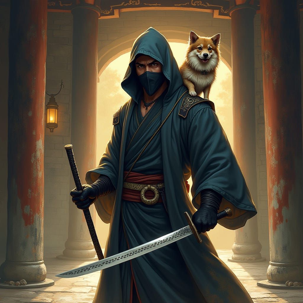Mysterious Ninja Warrior with Loyal Canine Companion