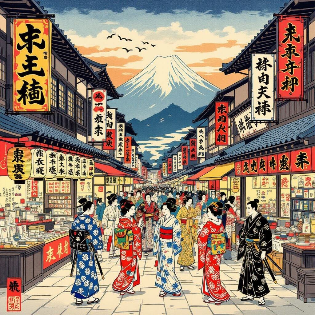 Ukiyo-e Japanese Marketplace with Samurai and Geishas
