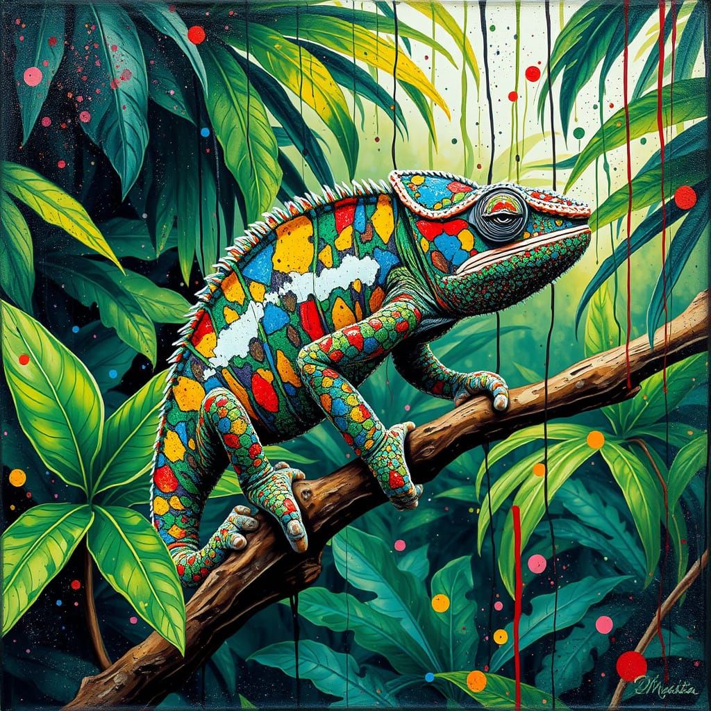 Chameleon in Jackson Pollock Drip Painting Style