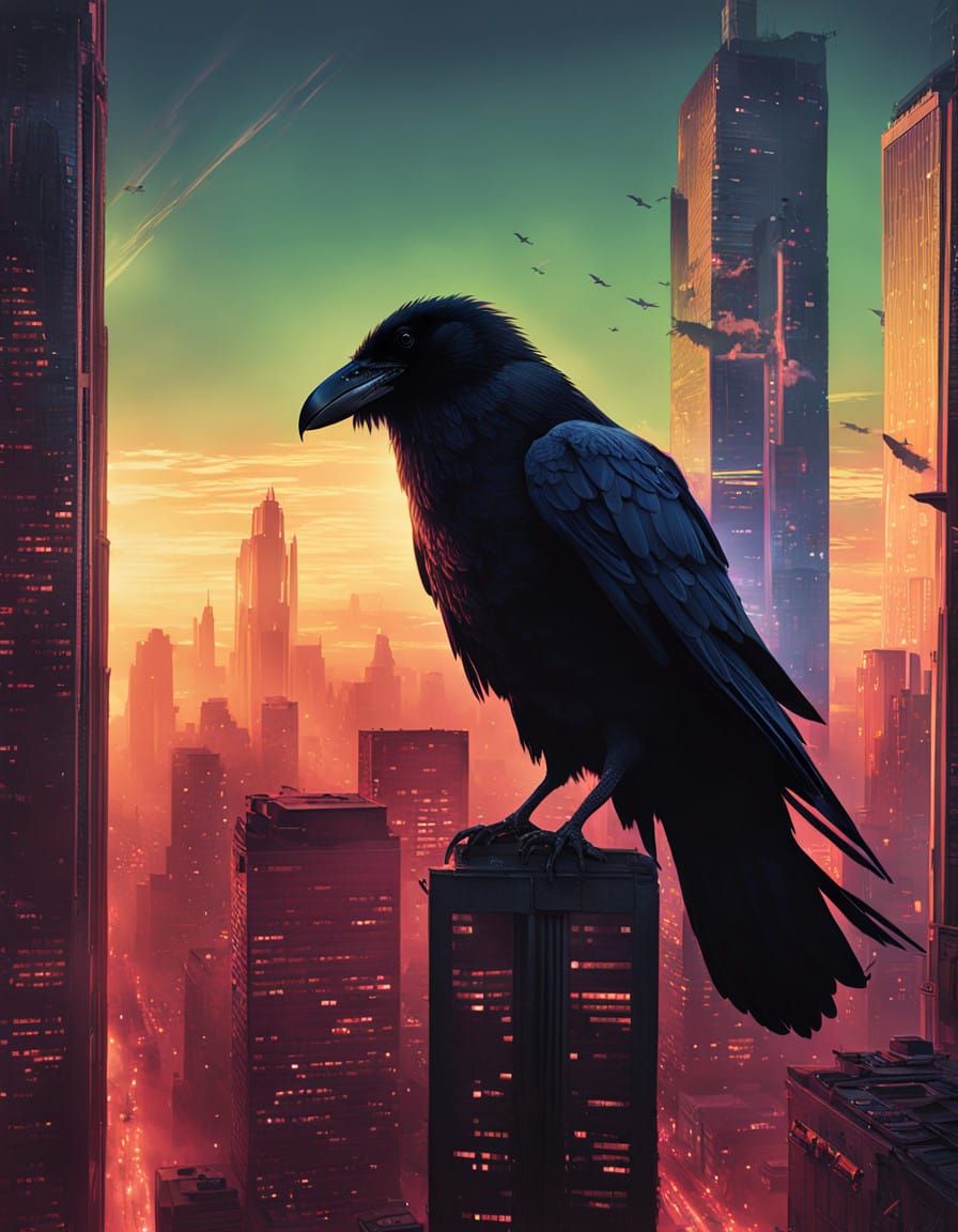 Majestic Raven Takes Flight in Neon Cityscape