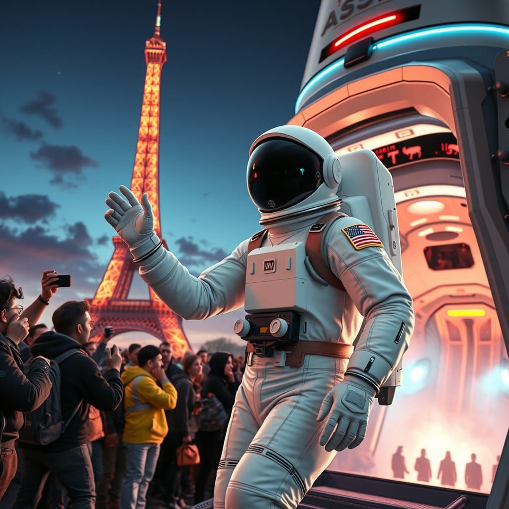 Astronaut Launching Rocket near Eiffel Tower in Sci-Fi Style
