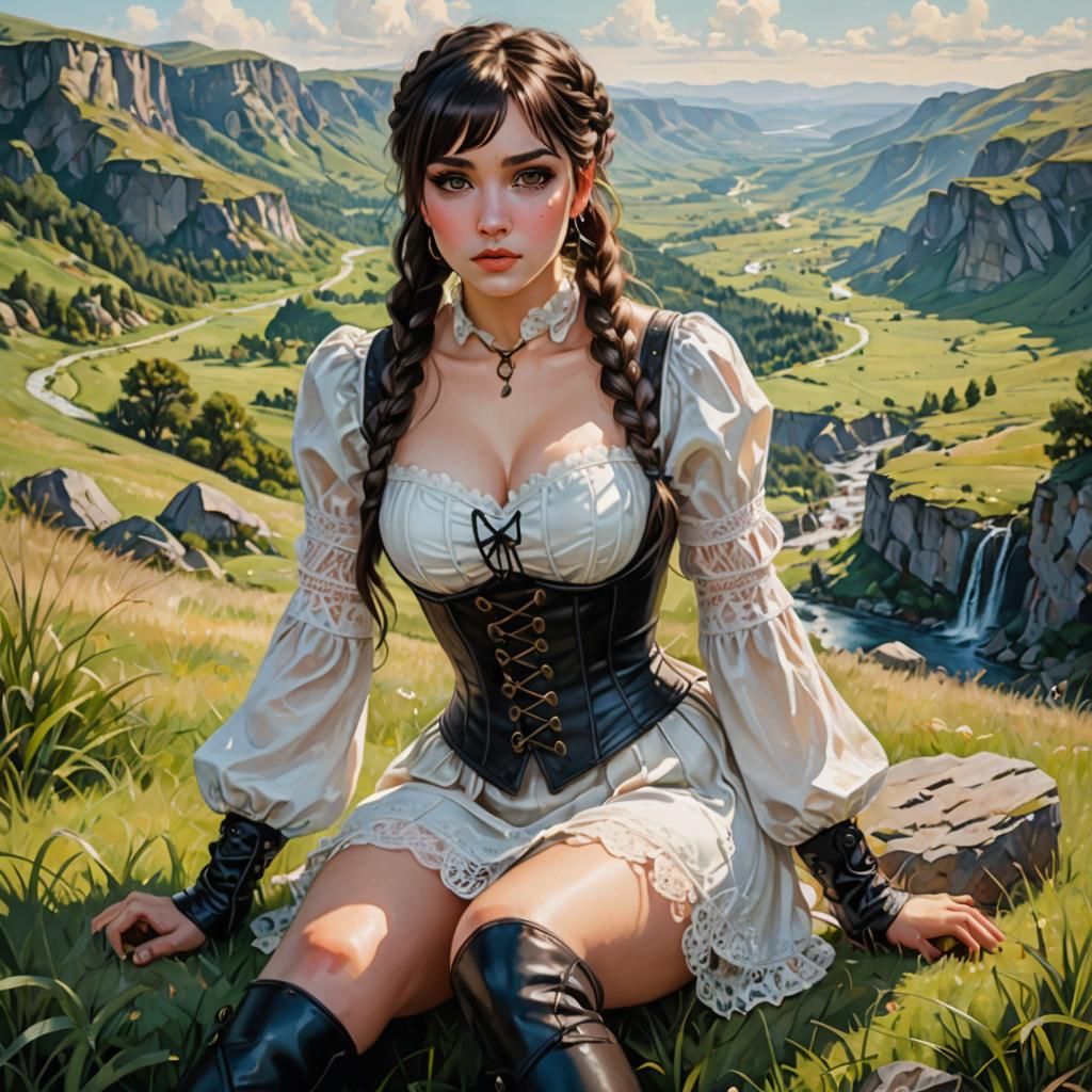 Beautiful Woman with Braids on Highlands, Oil Painting