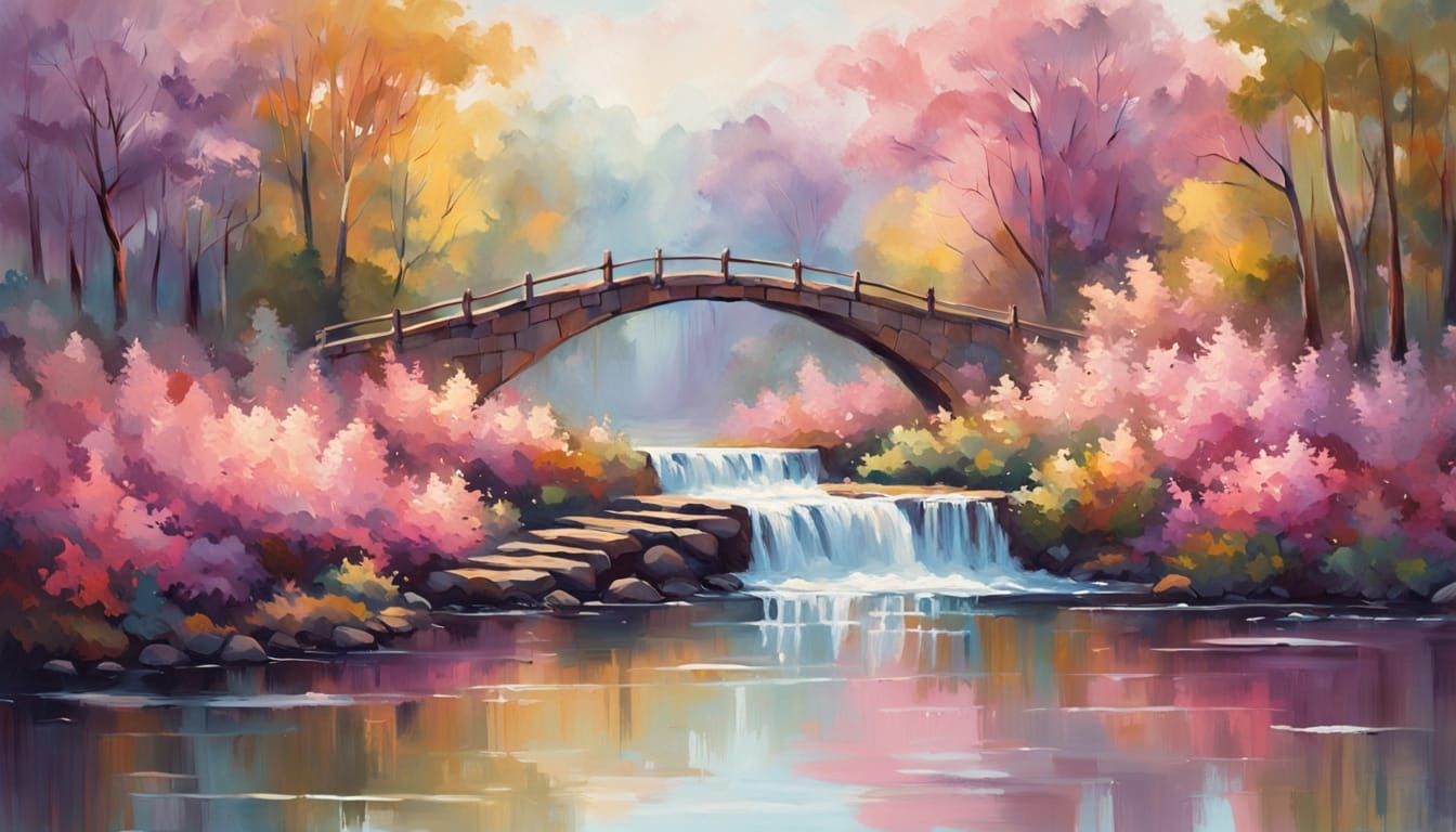 Serene Oil Painting of Rustic Bridge and Waterfall