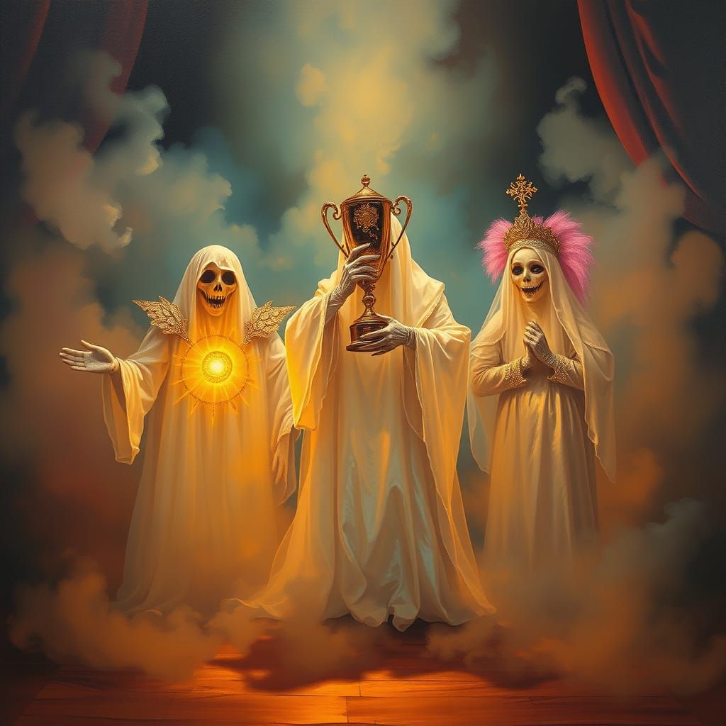 Surreal Pop Art Scene of Ghosts in Elaborate Costumes on Fog...