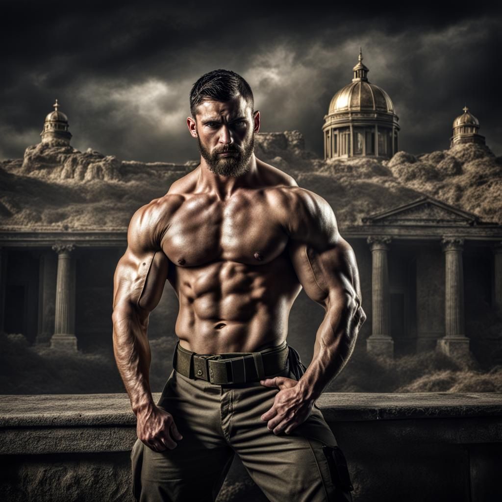 Muscular Soldier Wrestling a Blonde Man: Hyperrealistic Deta...