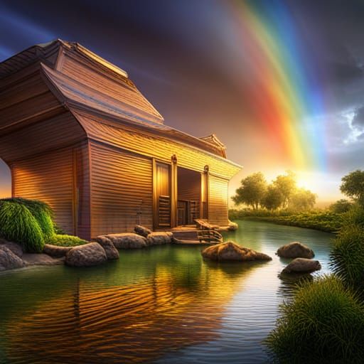 Hyperrealistic Noah's Ark with Rainbow