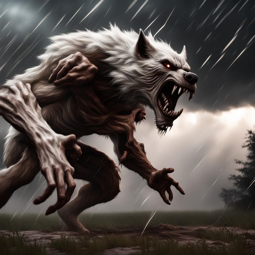 Werewolves Fighting in Thunderstorm: Photorealistic Horror