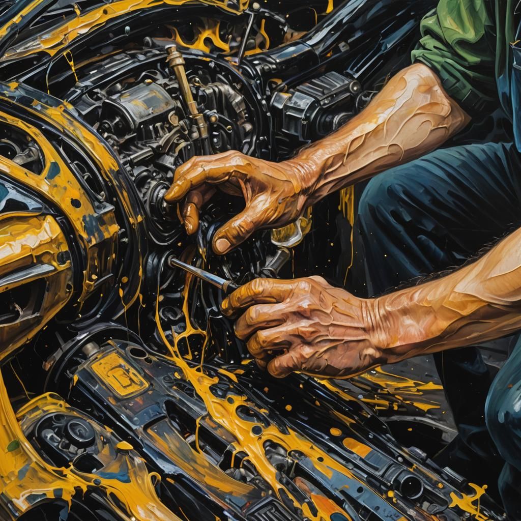 Mechanic in Oil-Splattered Workshop Glows with Golden Light