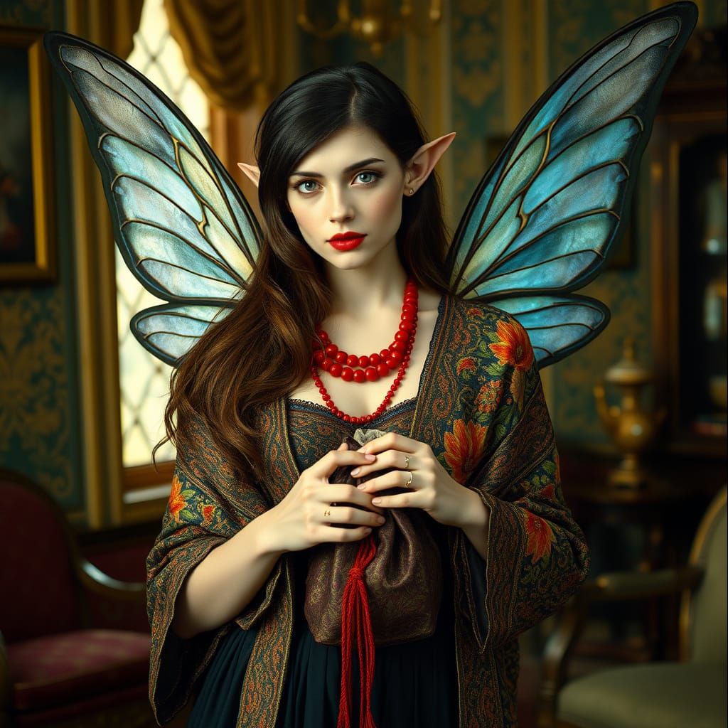 Ethereal Victorian Fae in Elegant Gown with Iridescent Wings