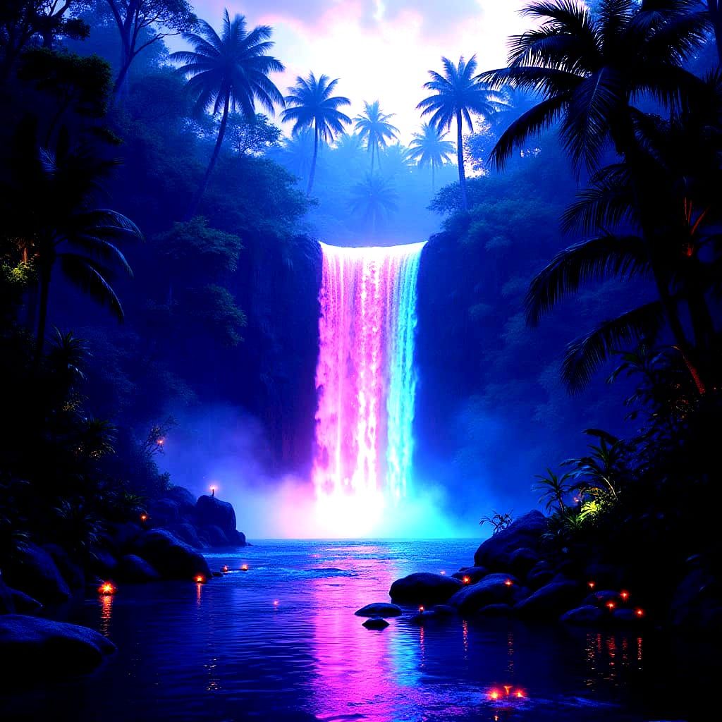 Surreal Neon Waterfall in Tropical Rainforest