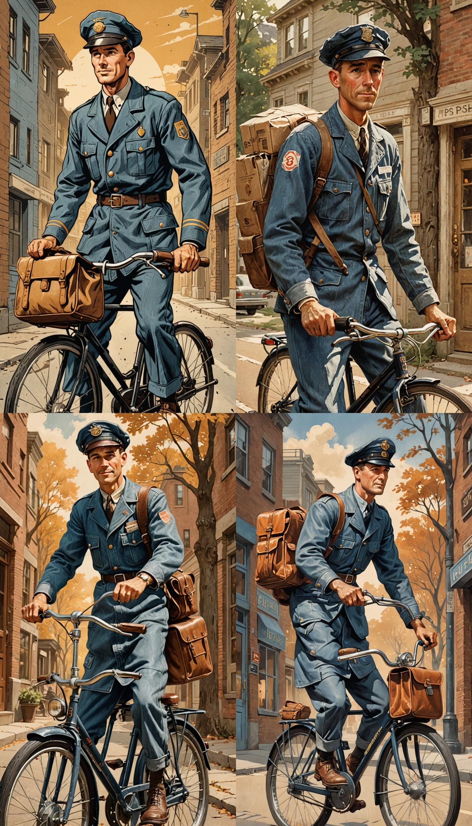 1940s Illustration of Postman on Bicycle