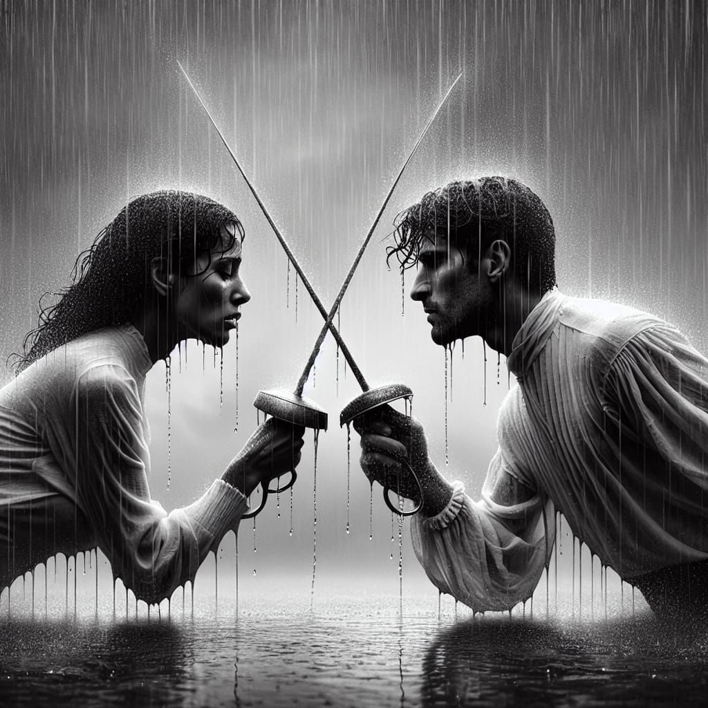 Poignant Rainy Day Duel: Fencing Through Sorrow