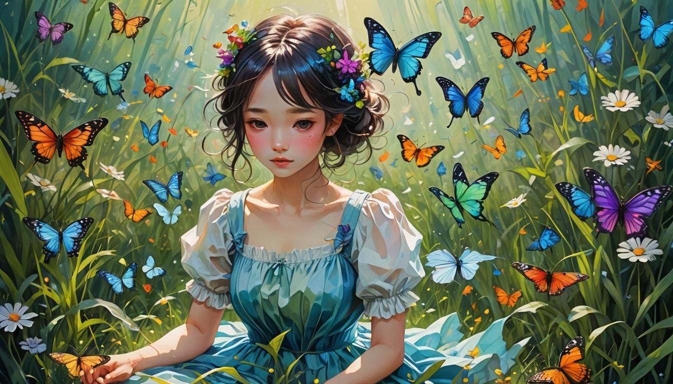 Woman with Butterfly in Rainbow Fantasy Art