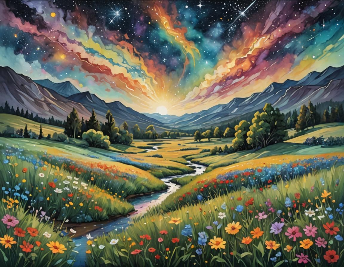 Surrealist Galaxy Meadow in Impressionist Gouache Style