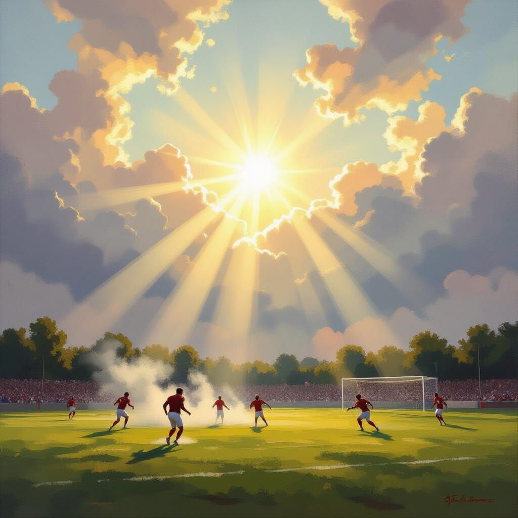 Divine Football Match Under Golden Hour Sunbeams