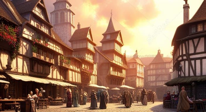 Lively Medieval Market Square Digital Painting