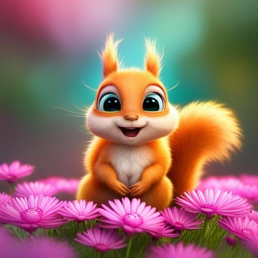 Happy Baby Squirrel in Flower Field: 3D Digital Art