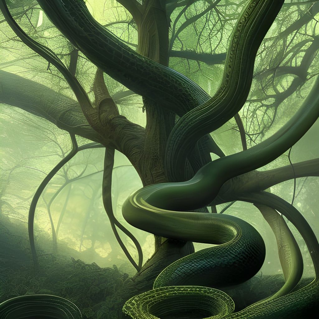 Green Snakes Form Tree: Detailed Horror Art