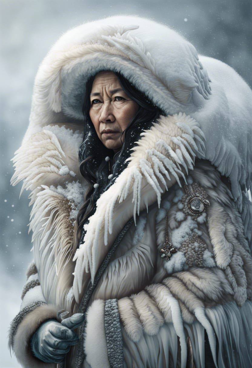 Inuit Woman's Snowy Portrait in Hyperrealism