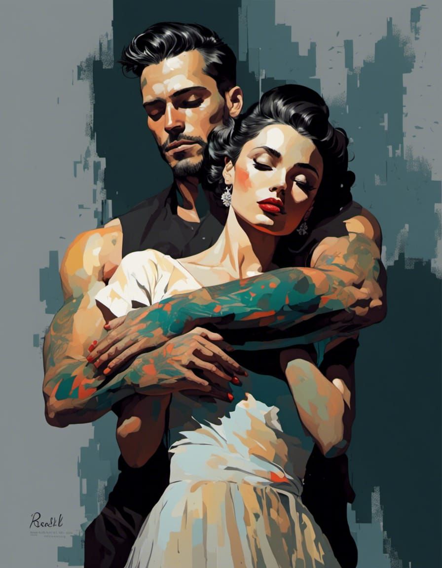 Retro Comic Art Embrace with Broad Brush Strokes