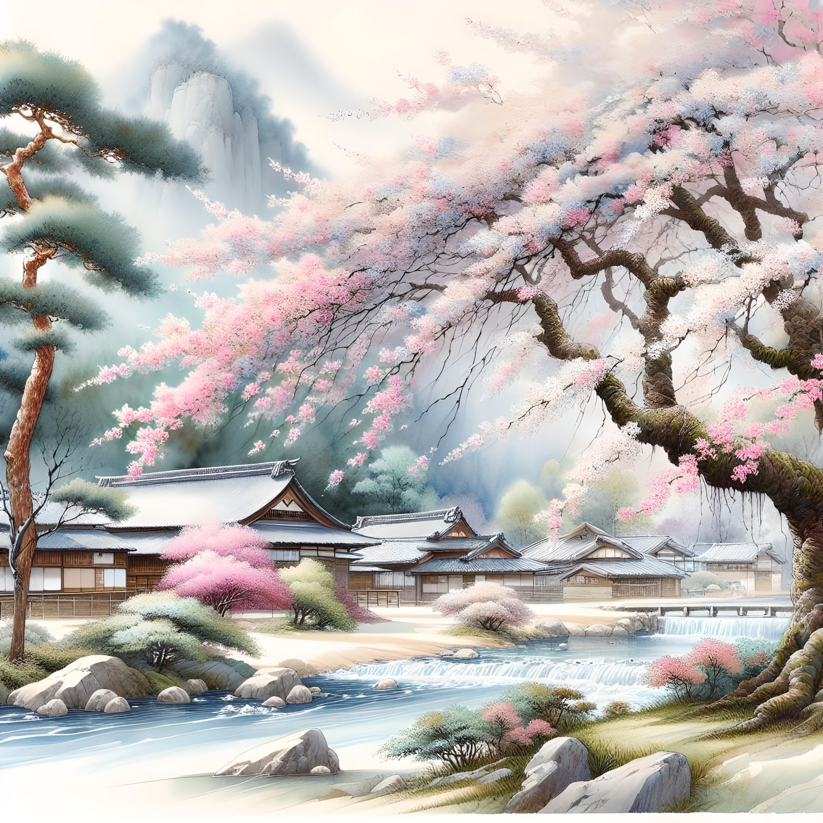 Cherry Blossom Tree in Japanese Garden, Watercolor Style