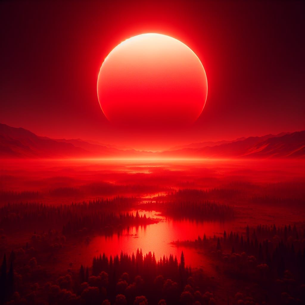 Monochromatic Landscape with Fiery Red Sun