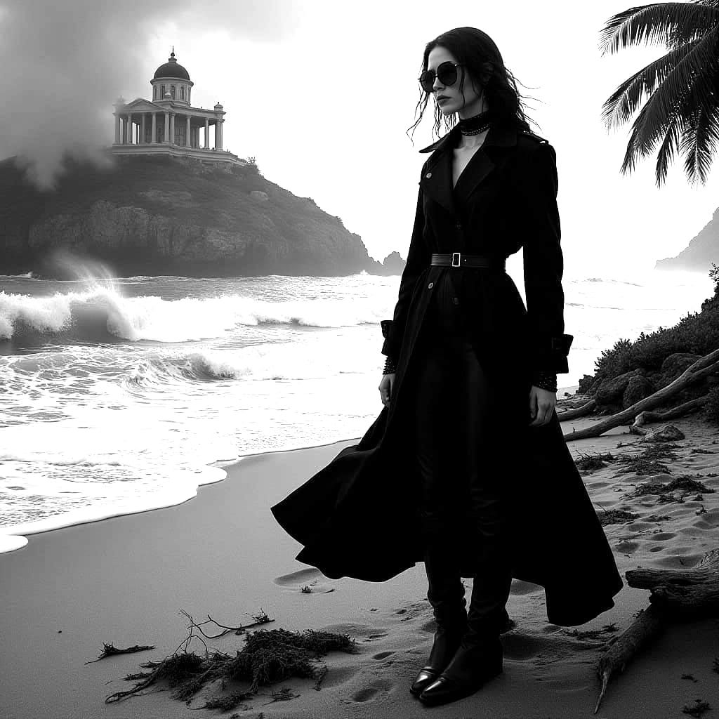 Goth Fashion Model Amidst Tidal Waves and Foggy Coffee Shop