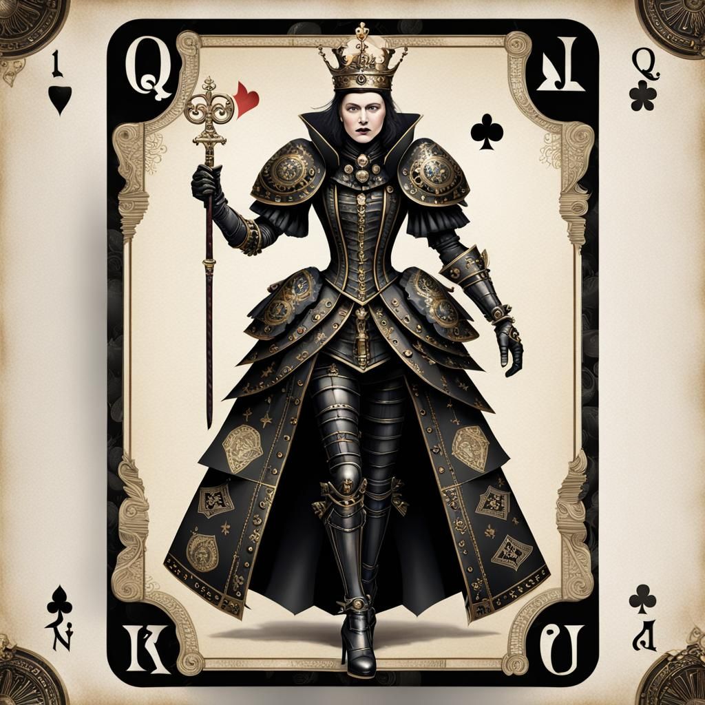 Steampunk Queen of Clubs in Metal Armor