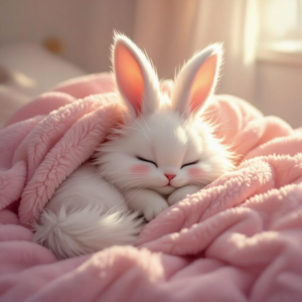 Whimsical Cat-Rabbit Hybrid on Plush Blanket