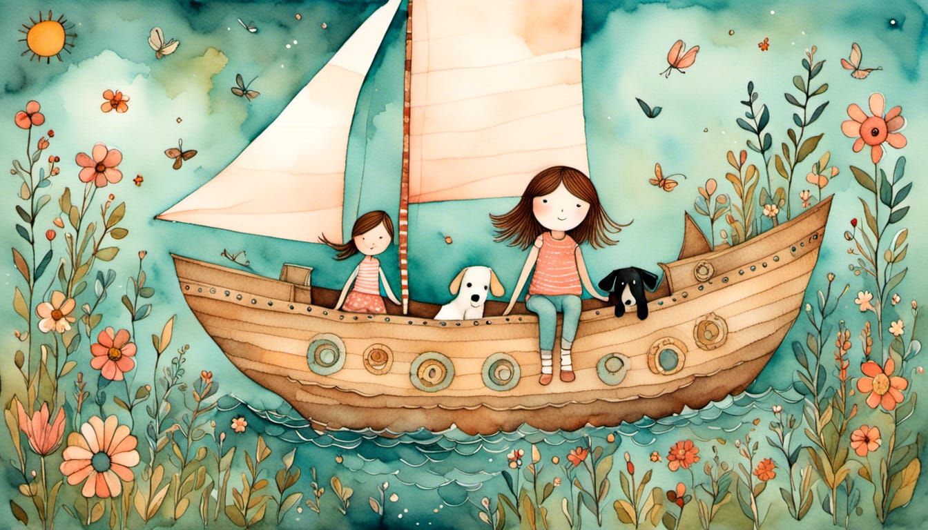 Girl and Dog on a Play Ship Illustration