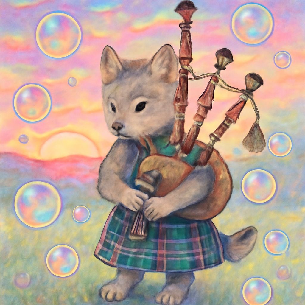 Dapper Wolf Cub Plays Bagpipes in Bubble Field